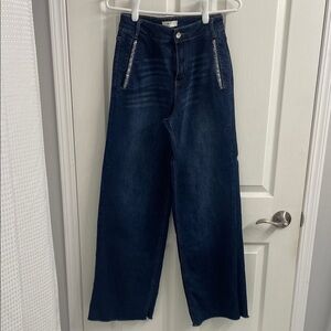 Oak New York High Waist Wide Leg Rhinestone Pocket Dark Wash Denim Jeans Sz 2/26